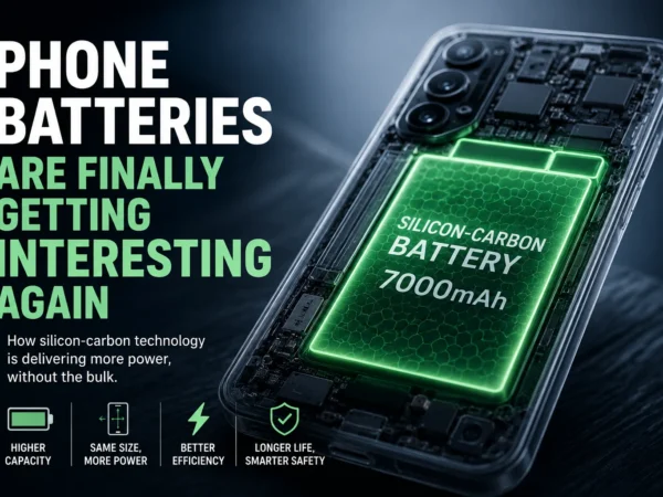 Silicon-carbon smartphone battery illustration showing a 7000mAh battery inside a modern phone.