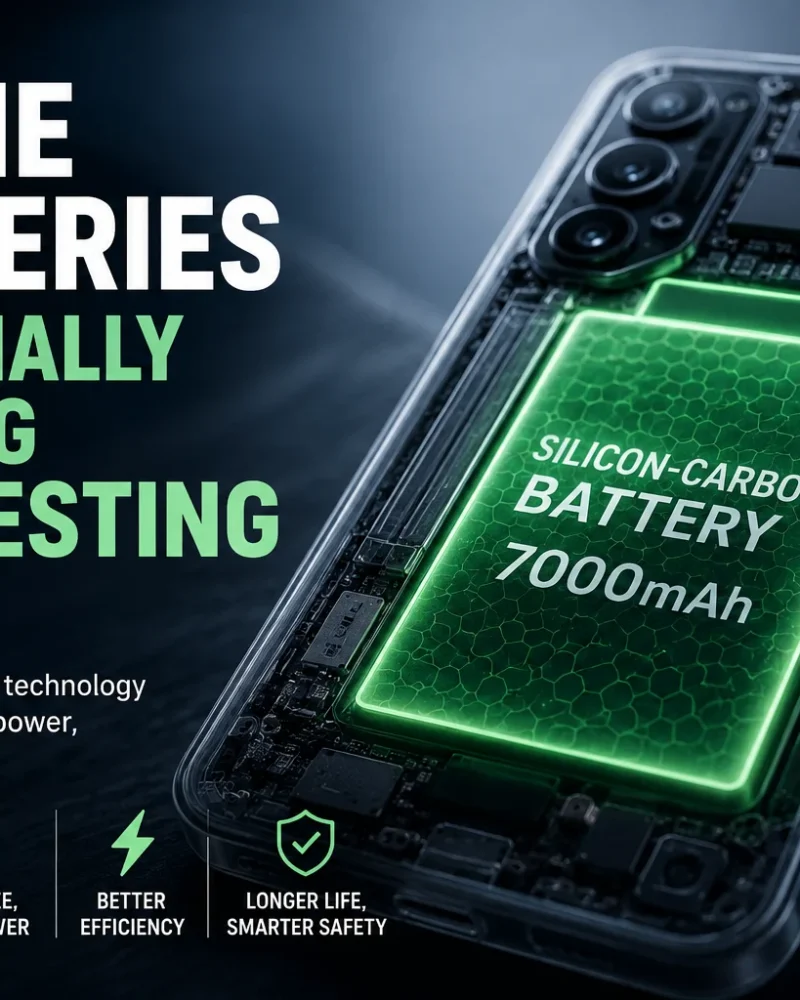 Silicon-carbon smartphone battery illustration showing a 7000mAh battery inside a modern phone.