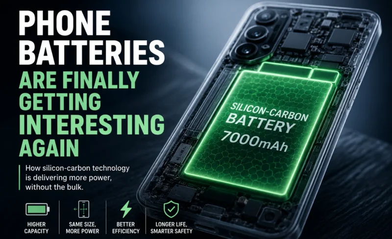Silicon-carbon smartphone battery illustration showing a 7000mAh battery inside a modern phone.