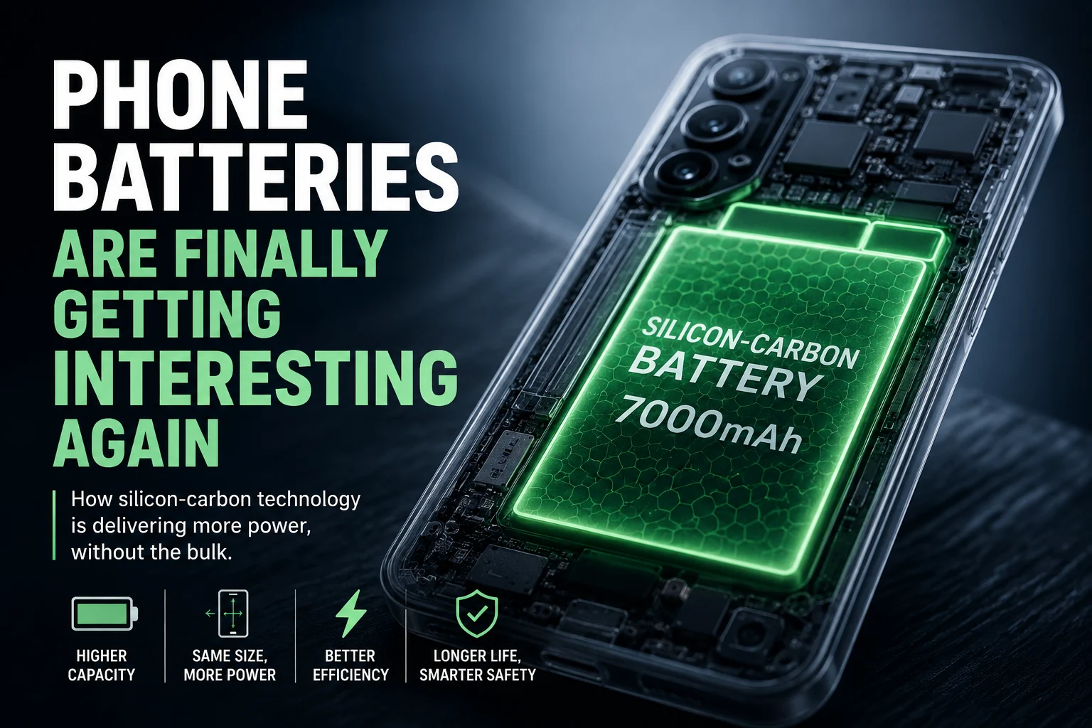 Silicon-carbon smartphone battery illustration showing a 7000mAh battery inside a modern phone.